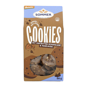 Dinkel-Vollkorn Cookies von Sommer – Knusprige Cookies mit herber Zartbitterschokolade und knackigen Haselnüssen. Unwiderstehlich lecker und perfekt für den genussvollen Moment!