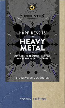 Mit Schwarzkümmel, Rooibos und schwarzer Stockrose zeigt dir der Happiness is Heavy Metal Tee von Sonnentor, wie außergewöhnlich der Alltag sein kann.