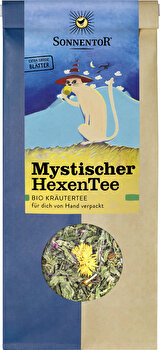 Der Mystischer Hexentee von Sonnentor schimmert in einem magischen Gelbgrün in Deiner Tasse.