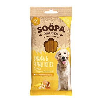 Die Jumbo Sticks Banana & Peanut Butter von Soopa klingen für Menschen mindestens genauso köstlich wie für die Vierbeiner und sind auch noch ein richtiges Superfood, denn sie können das Fell deines Hundes wieder zum Glänzen bringen.