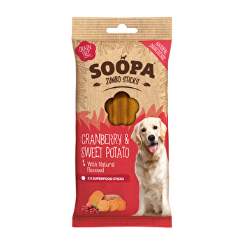 Die Jumbo Sticks Cranberry & Sweet Potato von Soopa sind vollgepackt mit hochwertigen Zutaten und versorgen deinen Hund dank der Cranberries mit Antioxidantien, Ballaststoffen und Vitamin C.