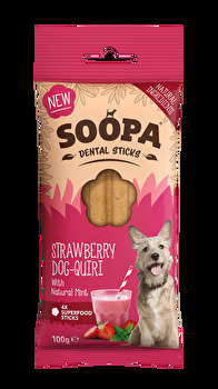 Bei den Kauknochen Strawberry Dog-Quiri von Soopa trifft fruchtige Erdbeere auf den erfrischenden Geschmack von Minze!