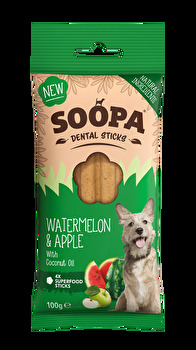 Bei den Kauknochen Watermelon & Apple von Soopa vermischt sich der fruchtige Geschmack von Äpfeln mit der frischen süße der Wassermelone.