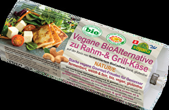 Die Vegane BioAlternative zu Rahm- & Grill-Käse °Natur° von Soyana besteht zu 71% aus fermentiertem Cashewnuss-Drink und ist damit frei von Soja.