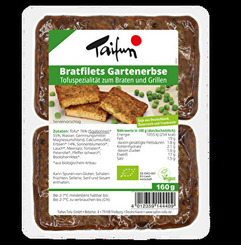 In den Bratfilets Gartenerbse von Taifun wird der süßliche Geschmack der Gartenerbse mit harmonischen Würzaromen zu einer köstlichen Tofuspezialität kombiniert.