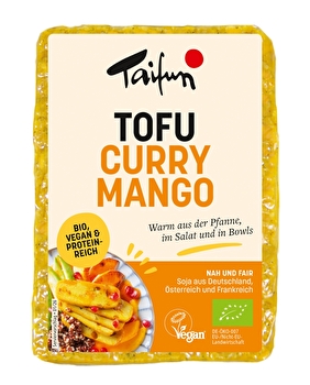 Der Tofu Curry Mango mit neuer Rezeptur von Taifun ist eine raffinierte Kombination aus Curry mit fruchtiger Mango-Note und dezenter Ingwer-Cayenne-Schärfe im Abgang.