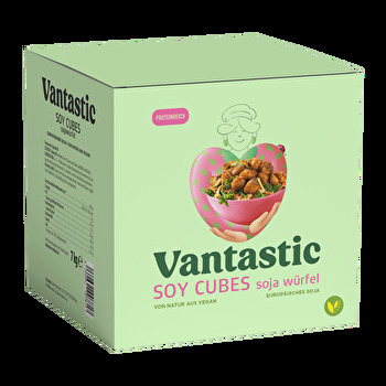 Die Soja Würfel im 7kg-Format von Vantastic sind ein idealer Fleischersatz.