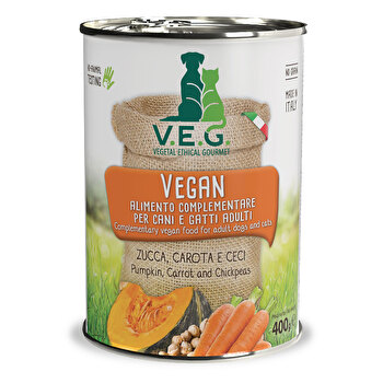 Mit dem Ergänzungsfutter für Hunde und Katzen mit Kürbis, Karotten und Kichererbsen von V.E.G. versorgst du deinen Hund und deine Katze mit bestem Futter aus hochwertigen Zutaten.