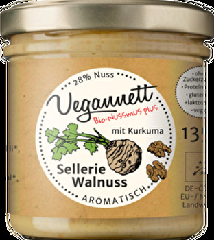 In diesem edlen Aufstrich Sellerie-Walnuss komponiert Vegannett Walnuss, Sellerie und Kurkuma zu einer zarten, aber kraftvoll-nussigen Geschmackssinfonie.