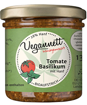 Der Aufstrich Tomate Basilikum mit Hanfsaat von Vegannett wird auf nussfreier Basis mit Hanf aus Sachsen und geschälten Hanfsamen aus Österreich hergestellt.