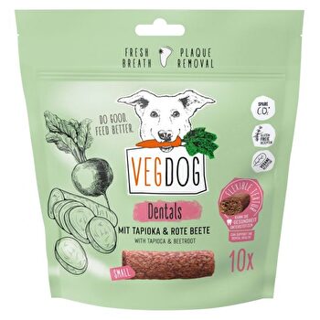 Die Kausticks Dentals von Vegdog unterstützen die Zahngesundheit Deines Hundes! Die veganen Hundeleckerlie kommen mit Tapiokastärke und roten Beeten daher. Außerdem sind sie für Hunde mit Allergien zu empfehlen!