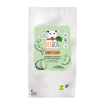 Das Farmers Crunch im 5kg Beutel von VEGDOG ist ein vollwertiges, veganes Alleinfuttermittel für deinen Vierbeiner. Es ist dank der Kartoffeln und Favabohnen reich an Proteinen und versorgt deinen Hund mit allen Nährstoffen, für ein langes, gesundes Leben.