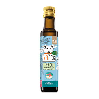 Das Vish Oil von VEGDOG besteht aus wertvollem Hanf-, Lein- und Algenöl und liefert deinem Vierbeiner damit wichtige Fettsäuren.
