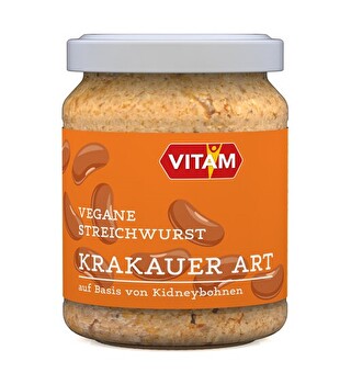 Dieser Bohnenaufstrich wie Krakauer von VITAM ist eine Streichwurst und eine optimale Alternative zu herzhafter Wurst aufs Brot.
