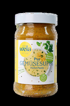 Die Gemüsesuppe °Pur° von Wela ohne Palmöl dafür mit Raps- und Sonnenblumenöl bietet einen leckeren fein abgestimmten Bouillon-Geschmack ganz ohne Fleisch.