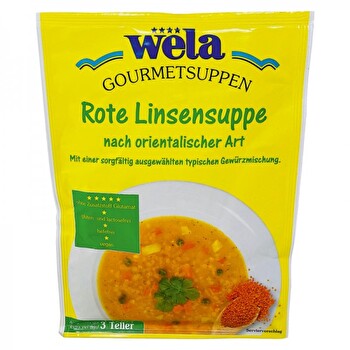 Die Gourmet Rote Linsensuppe nach orientalischer Art von Wela ist eine wohltuende Mahlzeit für kalte Tage, die du im Nu zubereitet hast.