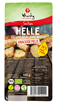 Die Helle Bratwurst von Wheaty ist eine super saftige, vegane Bratwurst auf Seitan Basis.