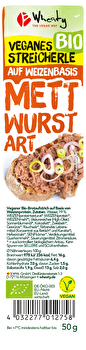 Veganes Streicherle Mettwurst Art von Wheaty – Ein kräftig würziger Aufstrich mit einer markanten Textur, der auf Basis von Weizenprotein hergestellt wird.