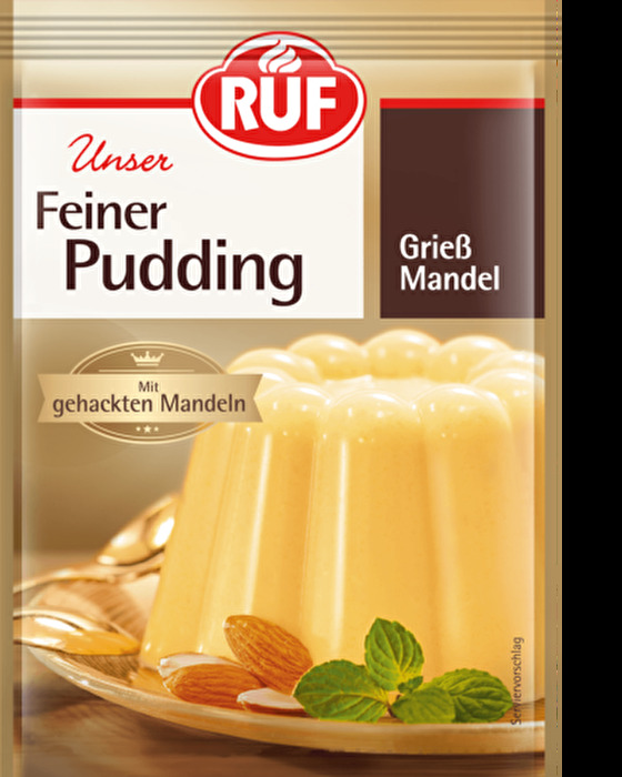 Beim Feiner Pudding Grieß Mandel von RUF kommen Freunde des Grießpuddings voll auf ihre Kosten! 56% Hartweizengrieß und fast 10% Mandeln machen den Pudding so richtig schmackhaft!