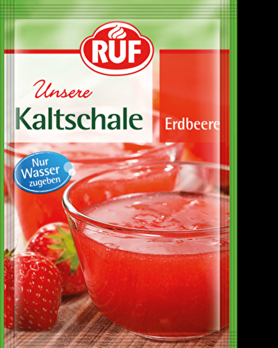 Besonders an heißen Tagen empfehlen wir die Kaltschale Erdbeere von RUF! Einfach mit einem halben Liter Wasser verrühren und fertig ist die leckere und kühlenden Mahlzeit! Schneller kommst Du nicht zum Essen!