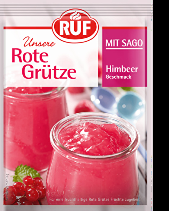 Mit der Rote Grütze Himbeer-Geschmack mit Sago von RUF zauberst Du im Handumdrehen mit etwas Wasser und Zucker eine leckere rote Grütze. Die Sago-Stärke verleiht der Grütze eine ganz besonders cremige Konsistenz!