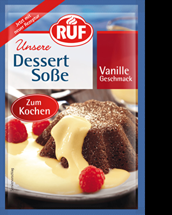 Die Dessertsoße Vanille Geschmack zum Kochen von RUF ist die perfekte Ergänzung zu jeglichem Dessert.