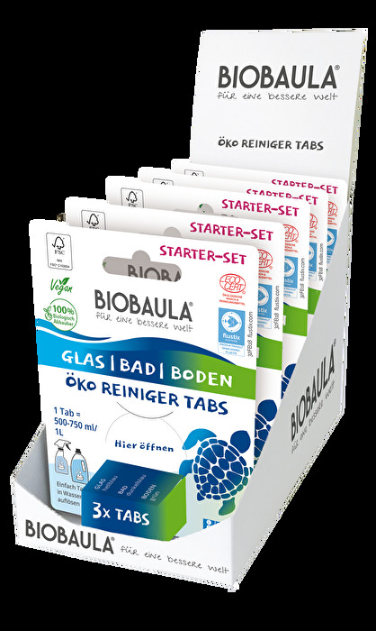 Mit dem Starter Set Reiniger von BioBaula erhälst du 3 kraftvolle Reinigungstabs für saubere Glasoberflächen, für ein sauberes Bad und für saubere Böden.