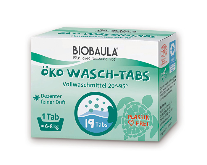 Mit den Waschtabs von BioBaula erhälst du duftend saubere Wäsche und das fast ohne Verpackungsmüll.