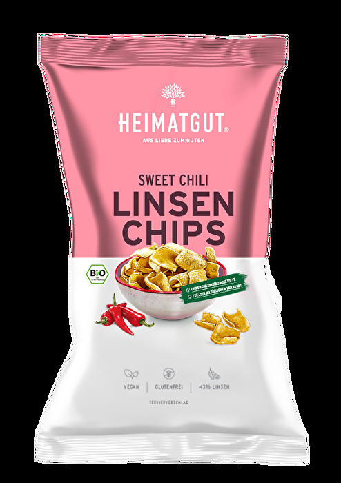 Die Linsen Chips Sweet Chili von Heimatgut sind nur leicht scharf und überzeugen durch ihre pikante Süße.