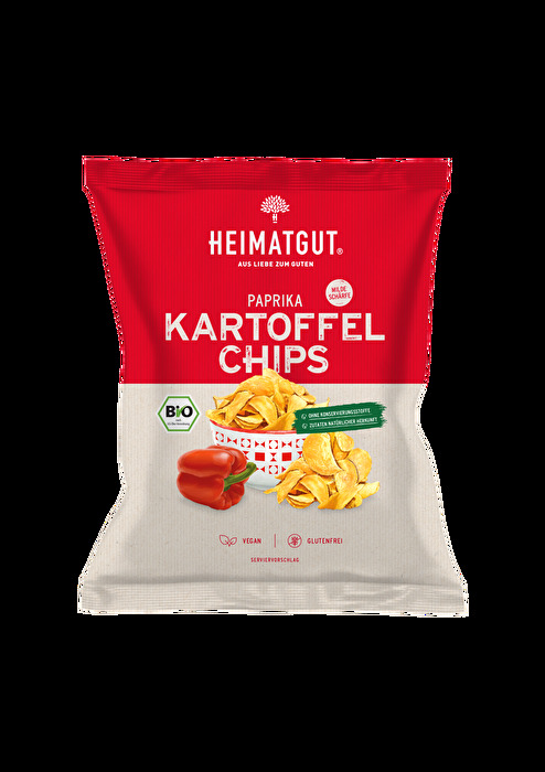 Der Chipsklassiker Kartoffel Chips Paprika von Heimatgut steigt dank seiner hochwertigen Bio Zutaten endlich eine Stufe auf.