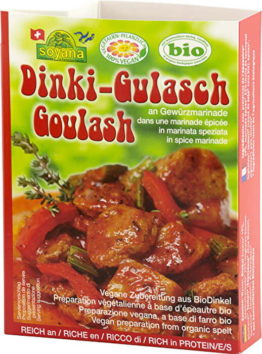 Dinki Gulasch von Soyana ist für Alle, die Gulasch lieben. Das Gulasch auf Dinkelbasis ist besonders zart und durch die Gewürzmischung wunderbar aromatisch.