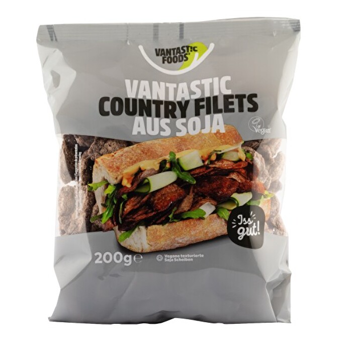 Wunderbar aromatische, bissechte Country Filets von Vantastic Foods, die mit Kakaopulver gefärbt und dem Geschmack von Rindfleisch authentisch nachempfunden wurden.