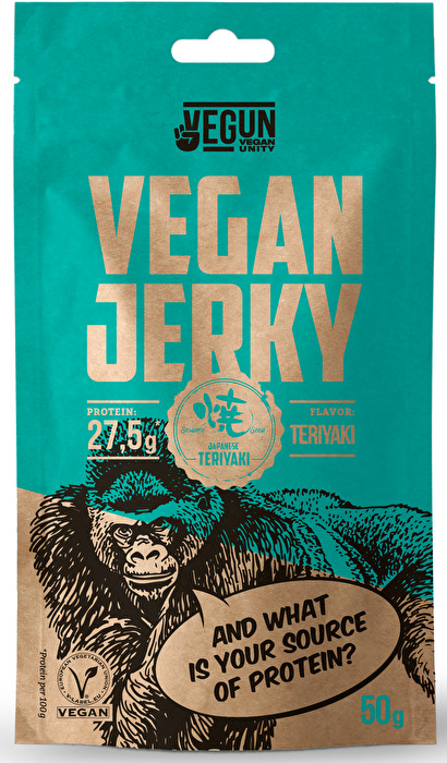 Das Vegan Jerky Teriyaki von Fine Gusto Nature ist der optimale Snack für alle, die auf den süßlich-herzhaften Teriyaki-Geschmack stehen und gern etwas richtig Proteinreiches snacken wollen. Satte 27,5 Protein sind in jedem Päckchen enthalten!