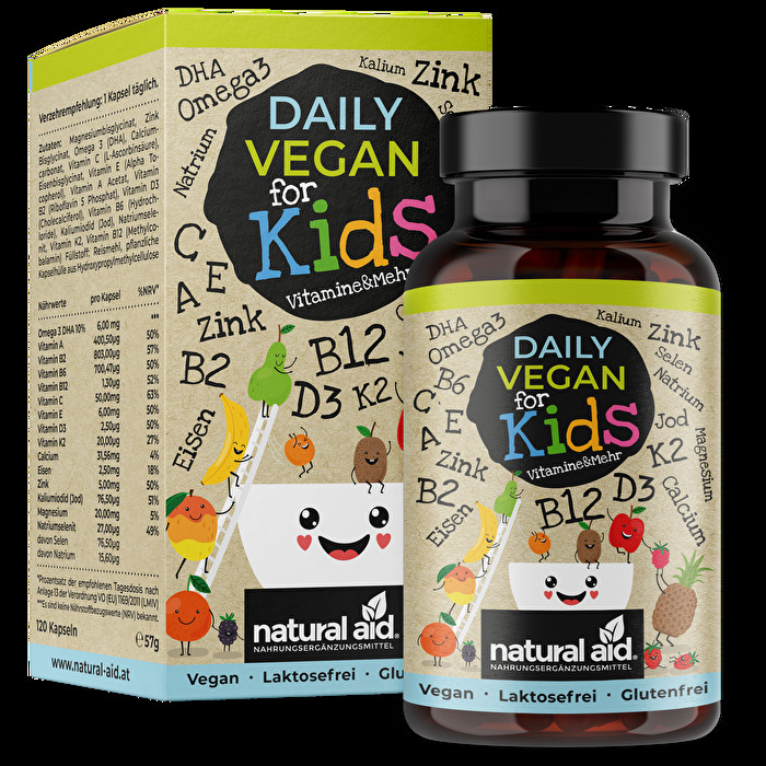 Dieser Vitaminkomplex Daily Vegan for KIDS Vitamine & mehr von natural aid wurde speziell für einen veganen oder vegetarischen Lebensstil von Kindern und Schwangeren entwickelt.
