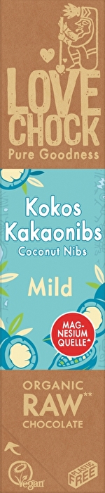 Der Riegel Mild °Kokos Kakaonibs° von Lovechock vereint süße Schokolade mit cremigen Nussaromen getoppt mit Kokosflocken und crunchigen Kakaonibs.