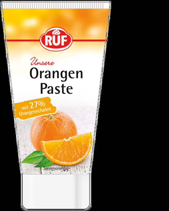 Diese Orangen Paste von RUF ist die gut portionierbare Alternative zu einer frischen Frucht.