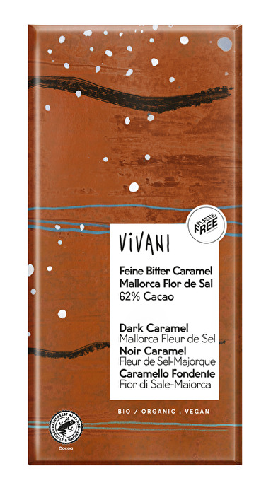 Das spannende Gegenspiel salziger und süßer Noten verzaubert uns in dieser Feine Bitter Caramel Mallorca Flor de Sal Schokolade von Vivani.