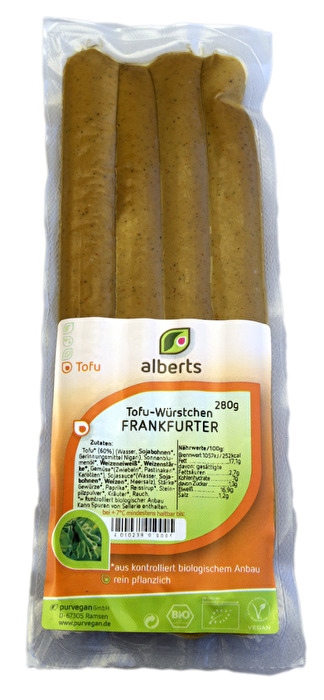 Das Frankfurter Tofu Würstchen von Alberts ist ein extra langens Würstchen und eignet sich hervorrangend als Wieneralternative für Hot Dogs.