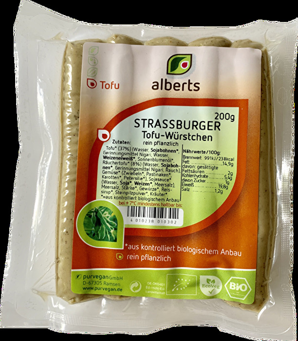 Die würzigen Strassburger Tofu Würstchen von Alberts können als Koch- und Bratwürstchen zum Einsatz kommen und überzeugen durch seine bissfeste Konsitenz sowie den guten Geschmack.