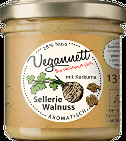 In diesem edlen Aufstrich Sellerie-Walnuss komponiert Vegannett Walnuss, Sellerie und Kurkuma zu einer zarten, aber kraftvoll-nussigen Geschmackssinfonie.