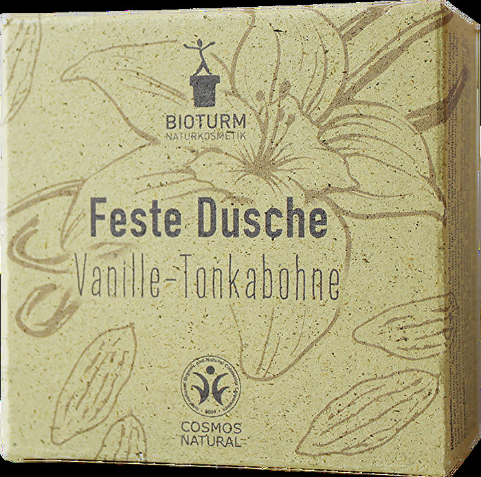 Die Feste Dusche Vanille Tonkabohne von Bioturm reinigt mild durch Bio-Mandelmilch und Bio-Sheabutter.