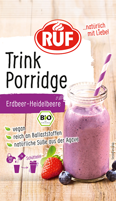 Für Dein gesundes Frühstück mit Zutaten aus bester Bio-Qualität: Im Bio Trink Porridge Erdbeer Heidelbeer von RUF geben Dir fein gemahlene Vollkorn-Haferflocken einen Ballaststoff-Kick.