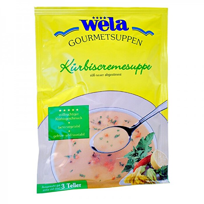 Die Gourmet Kürbiscremesuppe von Wela hat einen hohen Anteil an Kürbiswürfeln und Kürbispulver und einen aromatisch süß-sauren Geschmack.