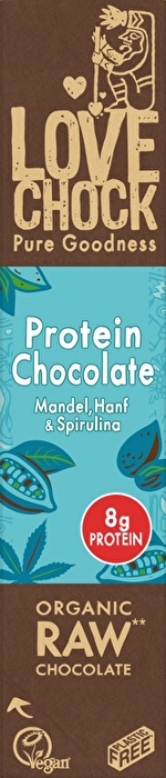 Der Lovechock Protein Chocolate Riegel liefert 8g natürliches Pflanzenprotein aus Mandeln, Hanf und Spirulina.