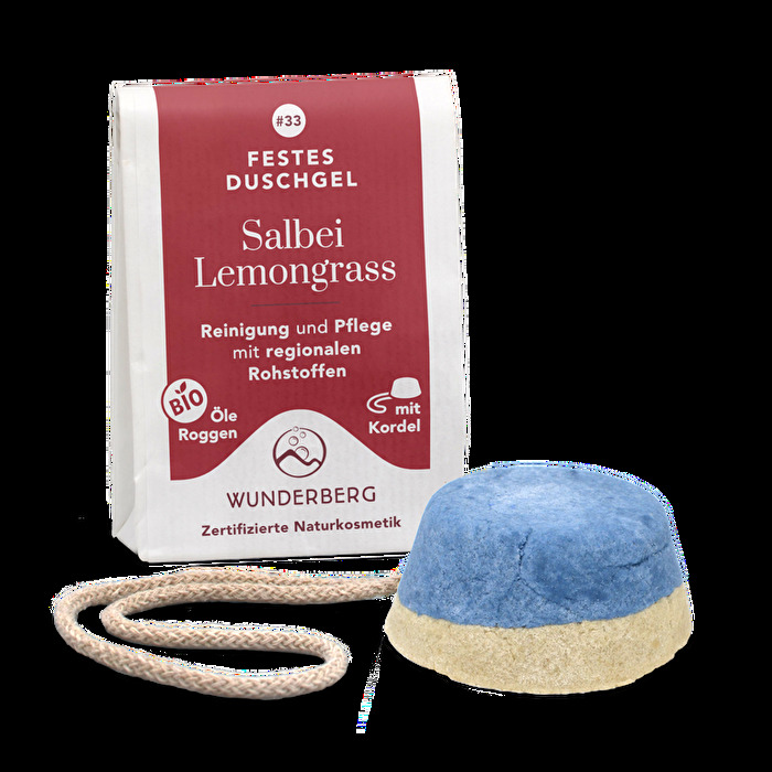 Das Feste Duschgel Salbei Lemongrass von Wunderberg pflegt mild, reinigt sanft und verwöhnt Dich mit dem frisch-krautigen Duft von Lemongrass und Salbei.