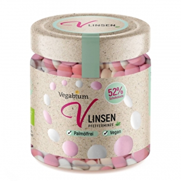 Vegablum kreiert mit den Vlinsen - Bio Schokolinsen mit Minze - eine kunterbunte süße Nascherei für alle, die die Geschmackskombination von Minze und Schokolade lieben.