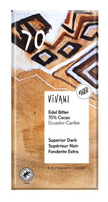 Diese dunkle Edel Bitter Schokolade mit 70% Kakaoanteil von Vivani besticht durch das charaktervolle Aroma der Edelkakao-Sorte 
