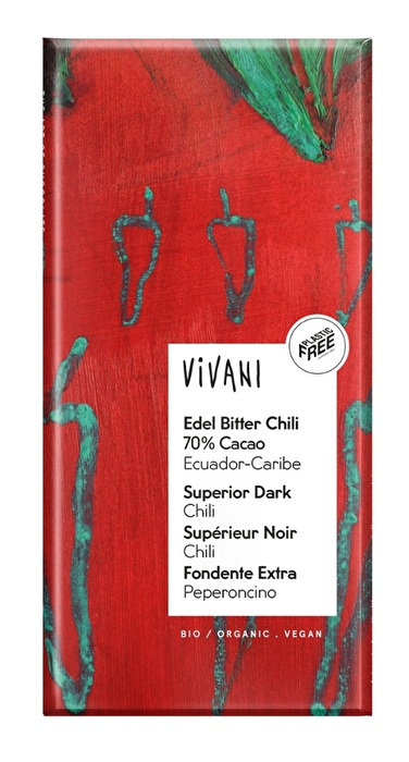 Die Edel Bitter Chili von Vivani mit Edelkakao aus Ecuador und einer feurig scharfen Note von getrockneten Chilischoten - intensiv, aromatisch, feurig schokoladig.