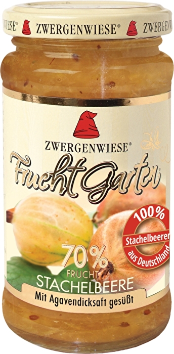 Der Fruchtgarten-Aufstrich Stachelbeere von Zwergenwiese enthält 70% Stachelbeeren, deren natürliche Süße um die fein-süße Note des Agavendicksaftes ergänzt wird.