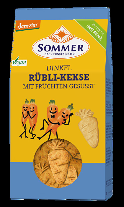 Die feinen Dinkel Rübli-Kekse von Sommer erhalten ihre angenehme Süße durch Demeter-Sultaninen° und getrocknete Aprikosen°.